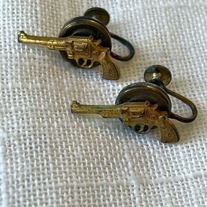 Antique Vintage Pistol Earrings, Clip On